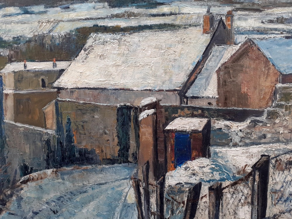 Snow: large semi abstracted winter scene, Montlhéry landscape 1963 antique French oil on canvas View IV