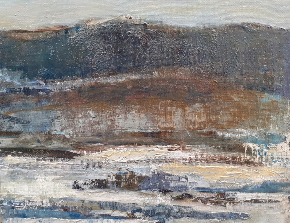 Snow: large semi abstracted winter scene, Montlhéry landscape 1963 antique French oil on canvas View V
