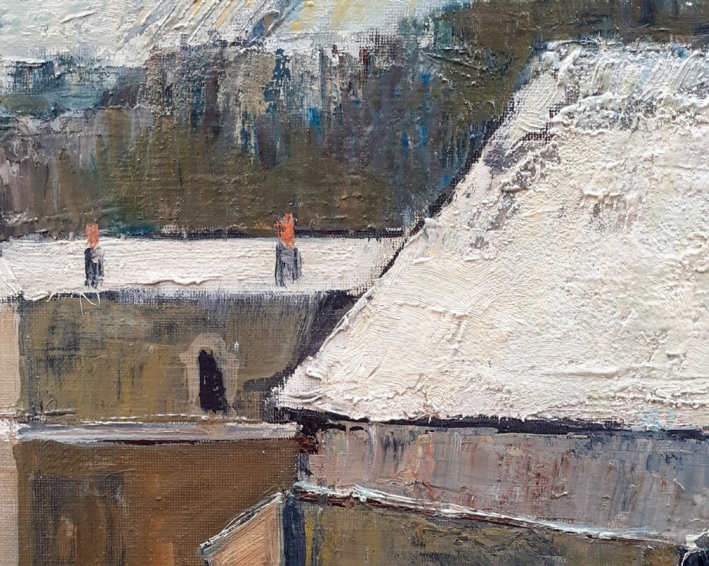 Snow: large semi abstracted winter scene, Montlhéry landscape 1963 antique French oil on canvas View VIII