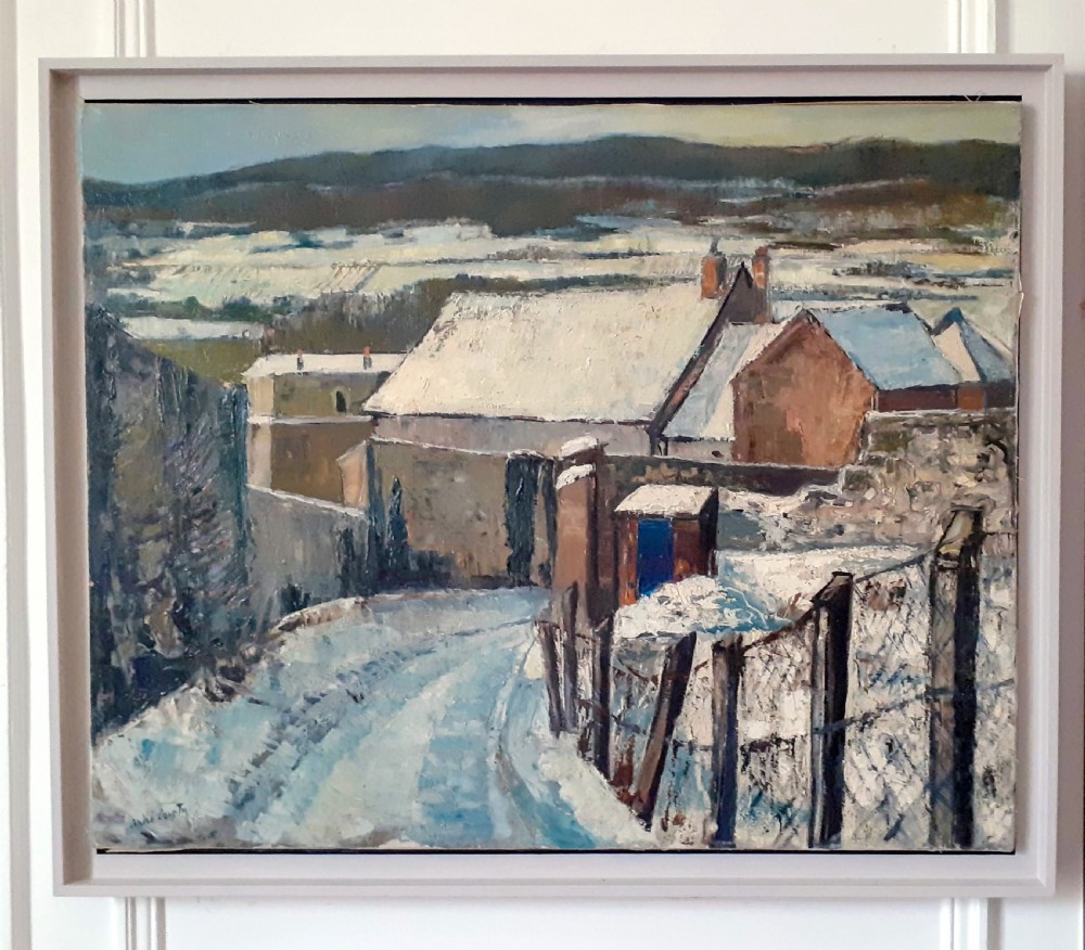 Snow: large semi abstracted winter scene, Montlhéry landscape 1963 antique French oil on canvas View IX