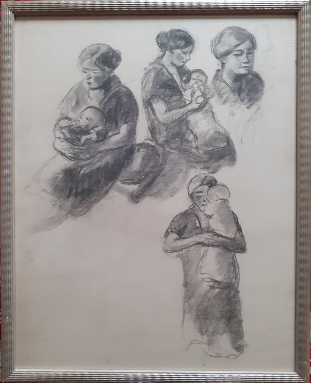 A monochrome charcoal drawing on paper featuring four separate figure studies of mothers holding infants. View VII