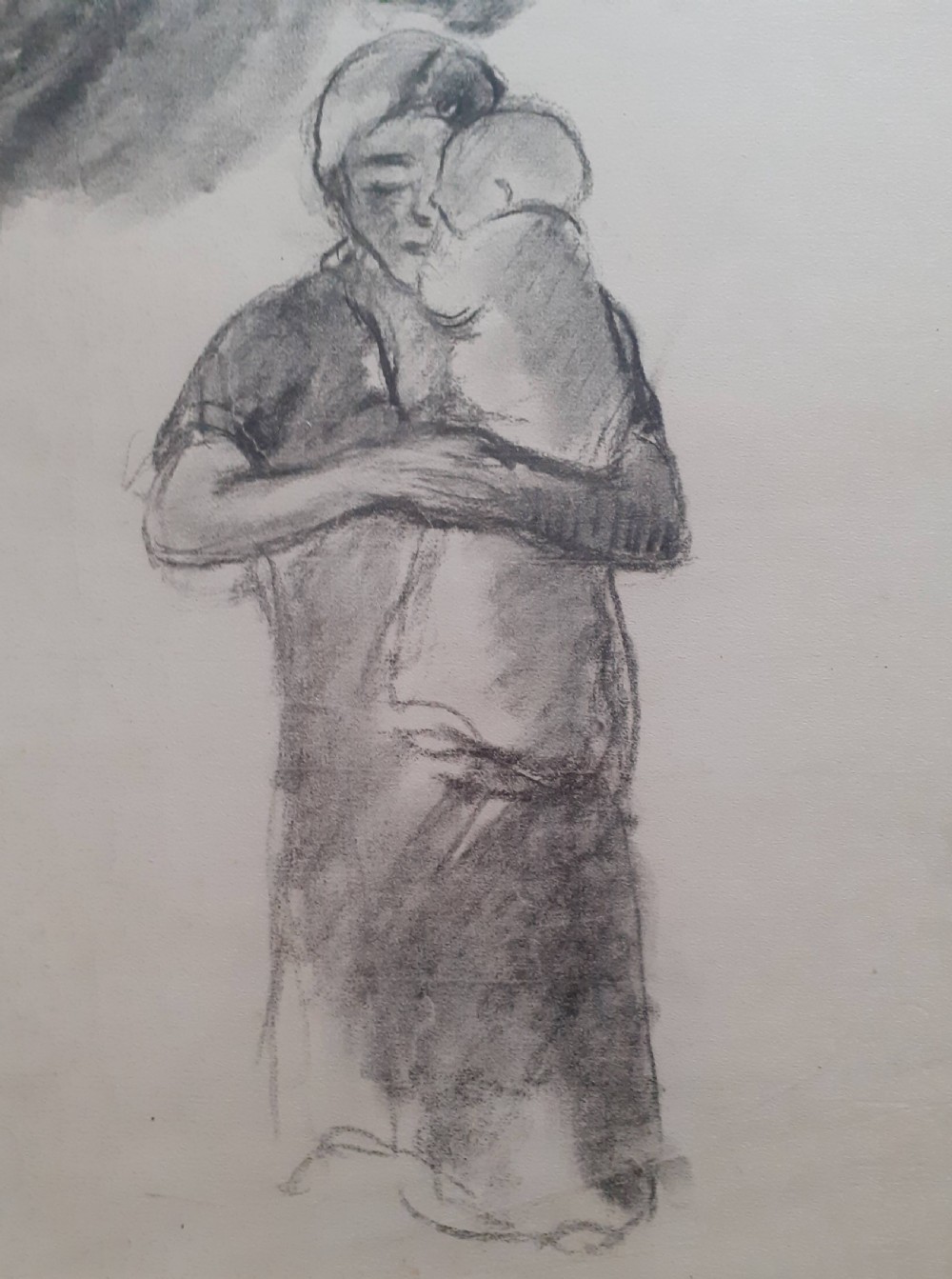 A monochrome charcoal drawing on paper featuring four separate figure studies of mothers holding infants. View III