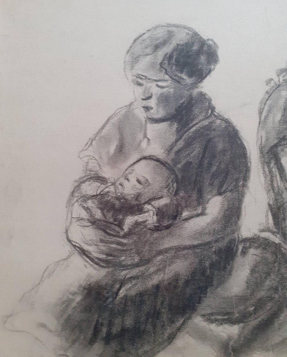 A monochrome charcoal drawing on paper featuring four separate figure studies of mothers holding infants. View IV