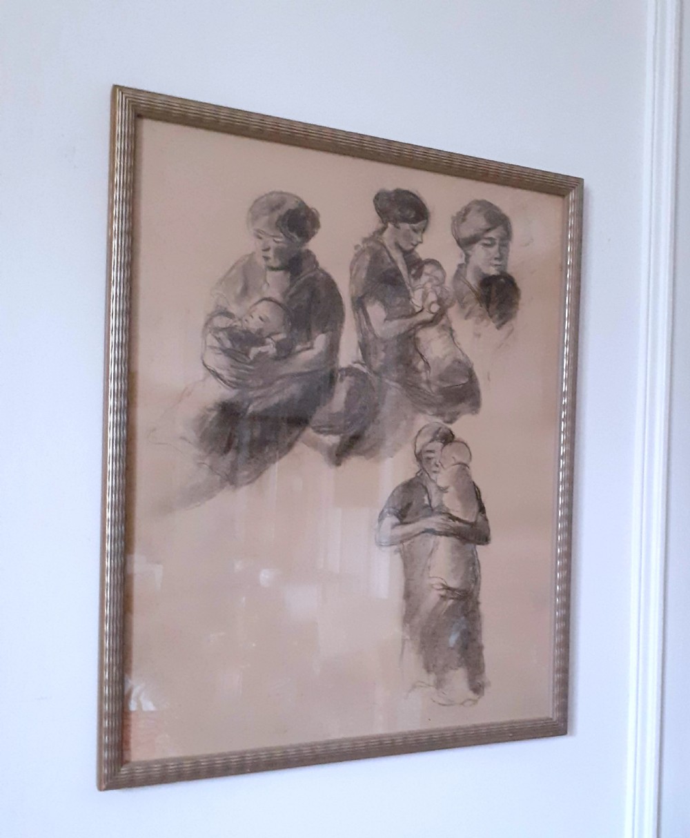 A monochrome charcoal drawing on paper featuring four separate figure studies of mothers holding infants. View V
