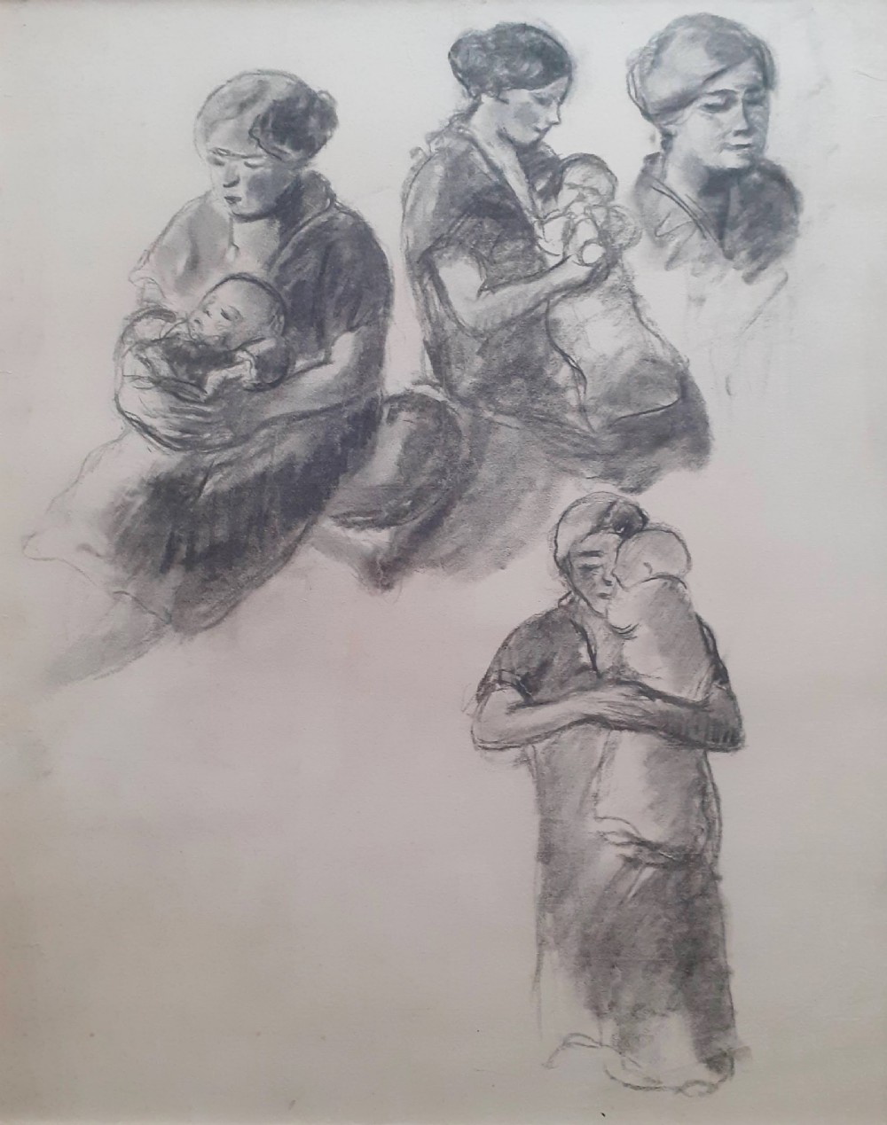 A monochrome charcoal drawing on paper featuring four separate figure studies of mothers holding infants.