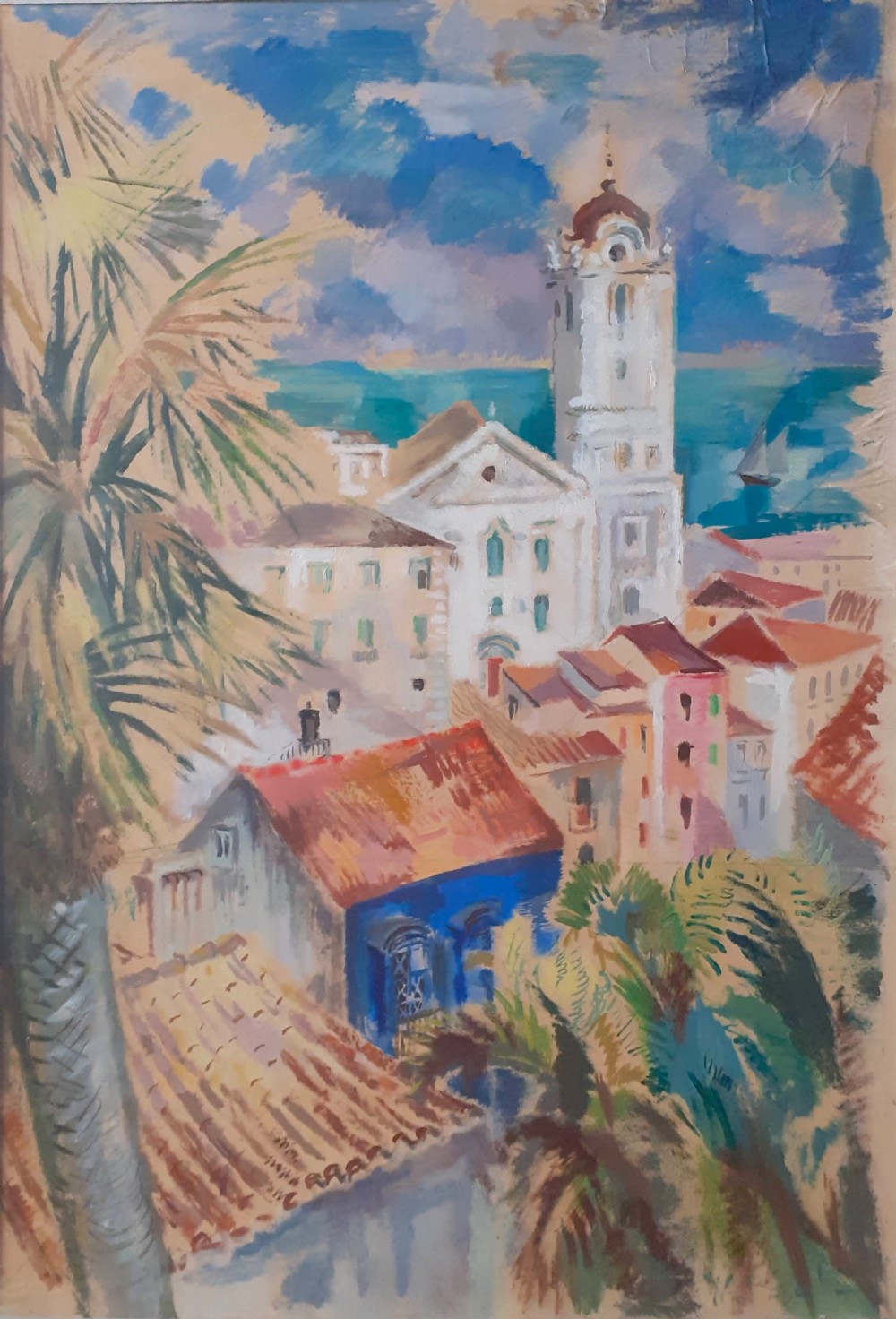 Summer in a seaside town on the French Riviera, large mediterranean landscape with boats, by Sickert student oil on paper