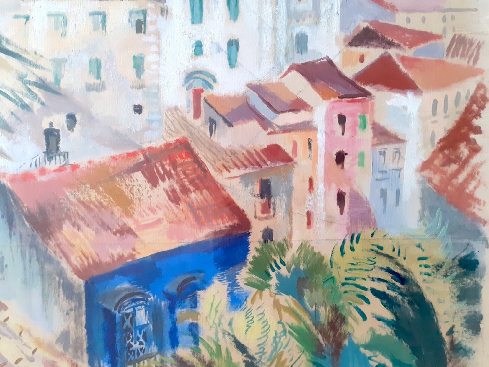 Summer in a seaside town on the French Riviera, large mediterranean landscape with boats, by Sickert student oil on paper View II