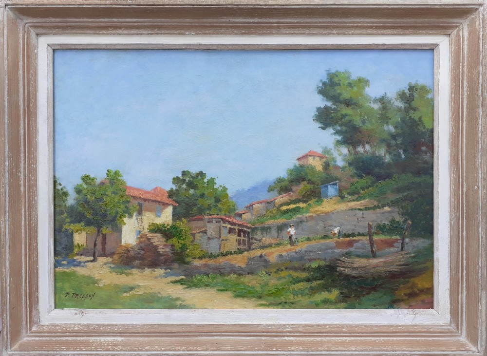 Gardening At The Provence Farmhouse, The Cote D'azur, antique French oil on board View II