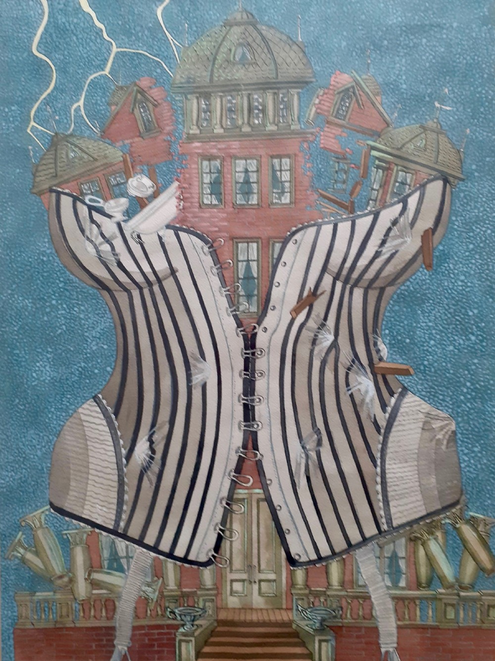 Masterpiece: huge Surrealist The Victorian House - prestigious provenance  American mid century Modernist, with Crane Kalman London Lightening Strikes painting 