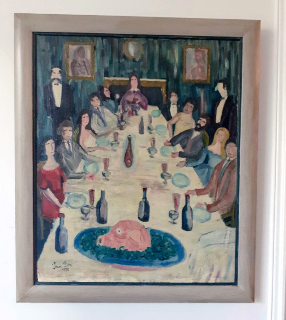 Jambon, the dinner party - 1930s folk outsider art - antique French oil on canvas ..a painting for a chef View III
