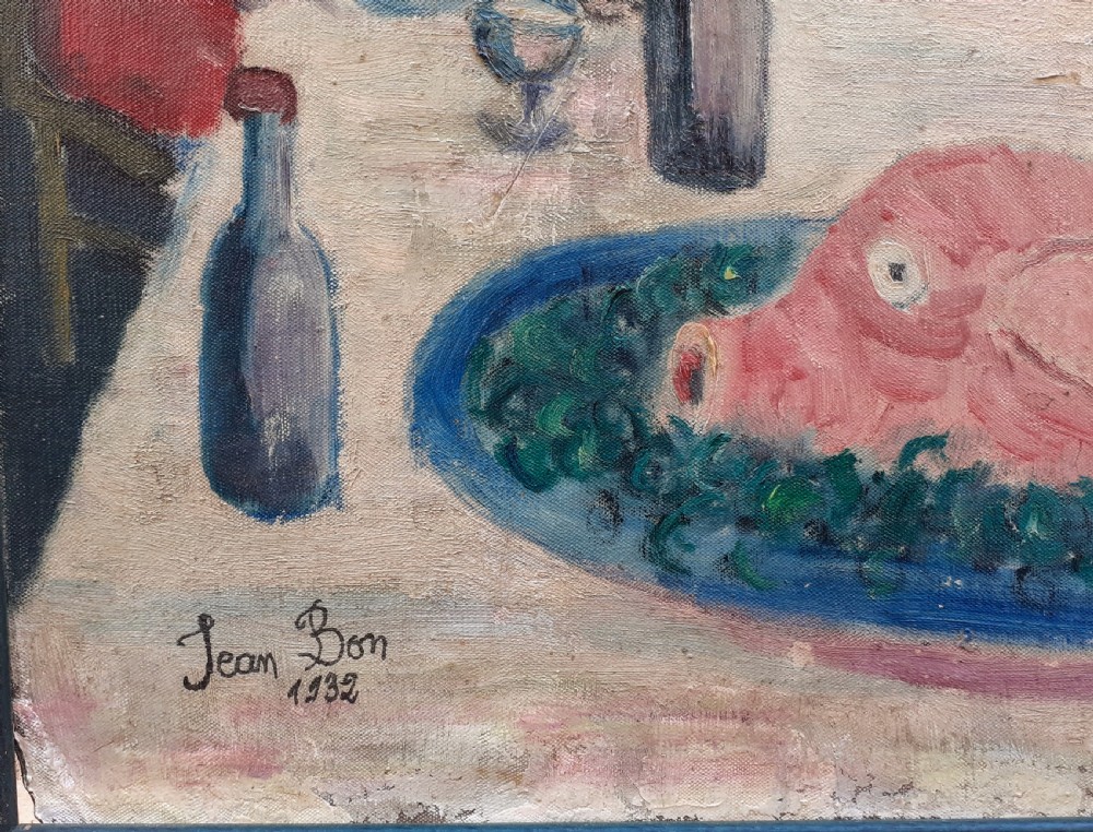 Jambon, the dinner party - 1930s folk outsider art - antique French oil on canvas ..a painting for a chef View IV