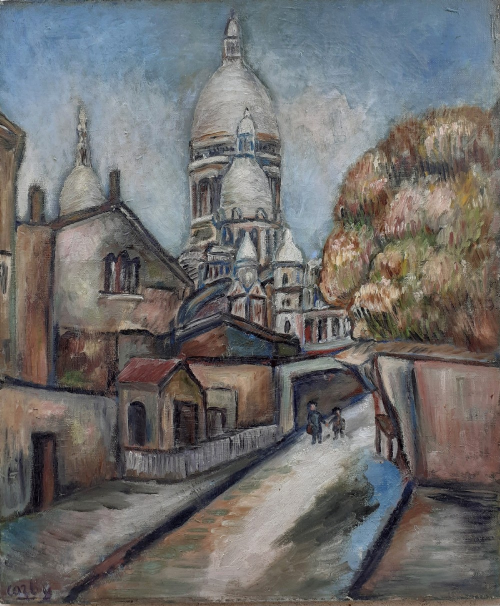 Paris, Montmartre Utrillo-like scene, the street children, circa 1920 antique French oil on canvas