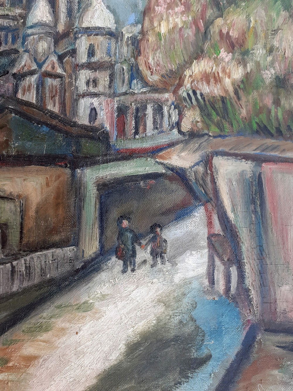 Paris, Montmartre Utrillo-like scene, the street children, circa 1920 antique French oil on canvas View II