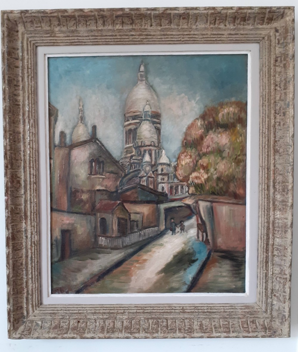 Paris, Montmartre Utrillo-like scene, the street children, circa 1920 antique French oil on canvas View III