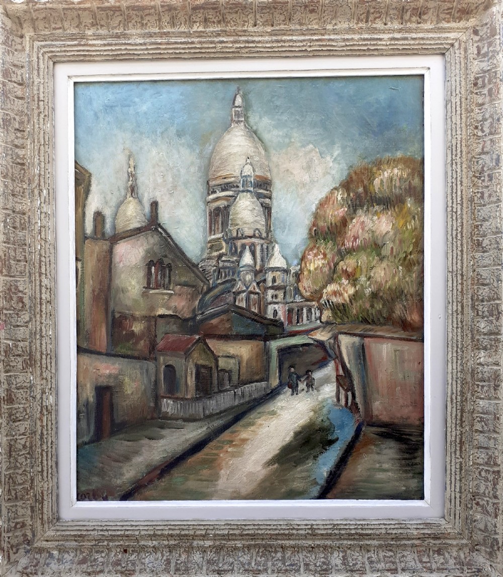 Paris, Montmartre Utrillo-like scene, the street children, circa 1920 antique French oil on canvas View IV