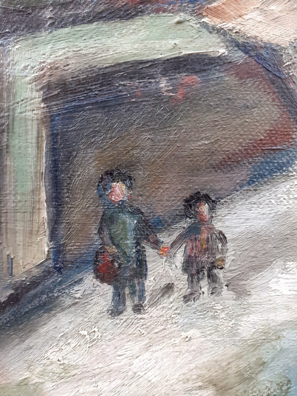Paris, Montmartre Utrillo-like scene, the street children, circa 1920 antique French oil on canvas View VII