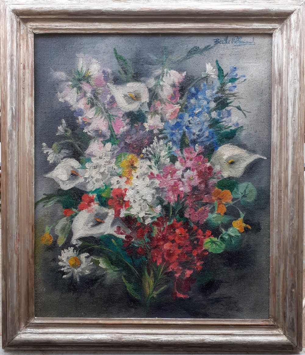 Post-war bouquet: large exuberant colourful floral still life, antique French oil on canvas