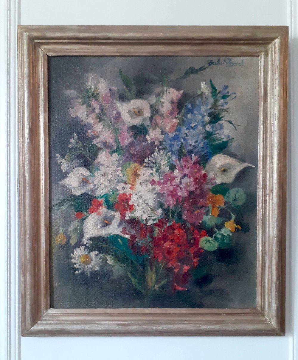 Post-war bouquet: large exuberant colourful floral still life, antique French oil on canvas View II