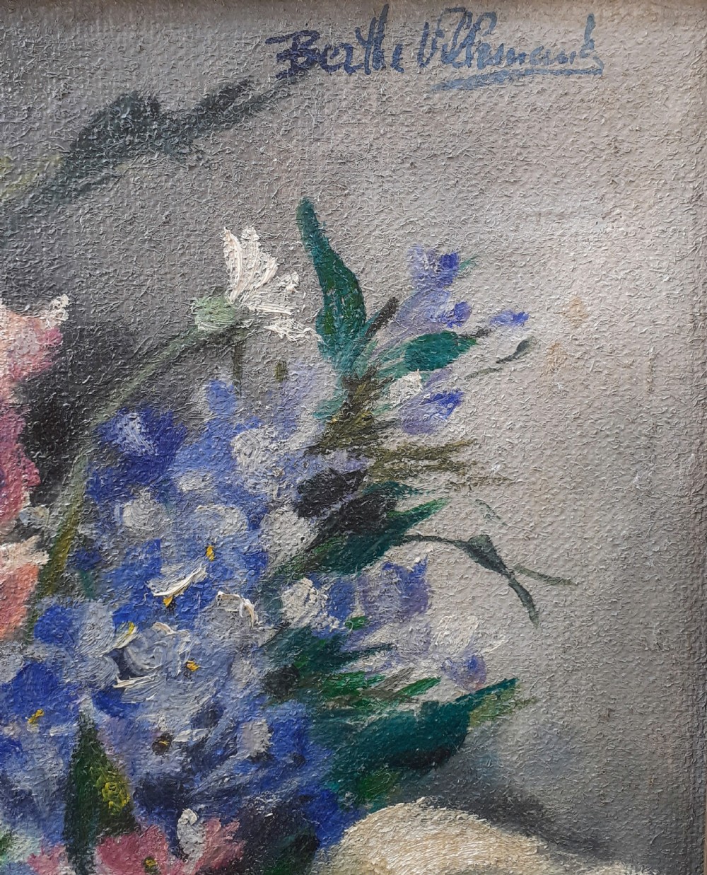 Post-war bouquet: large exuberant colourful floral still life, antique French oil on canvas View III
