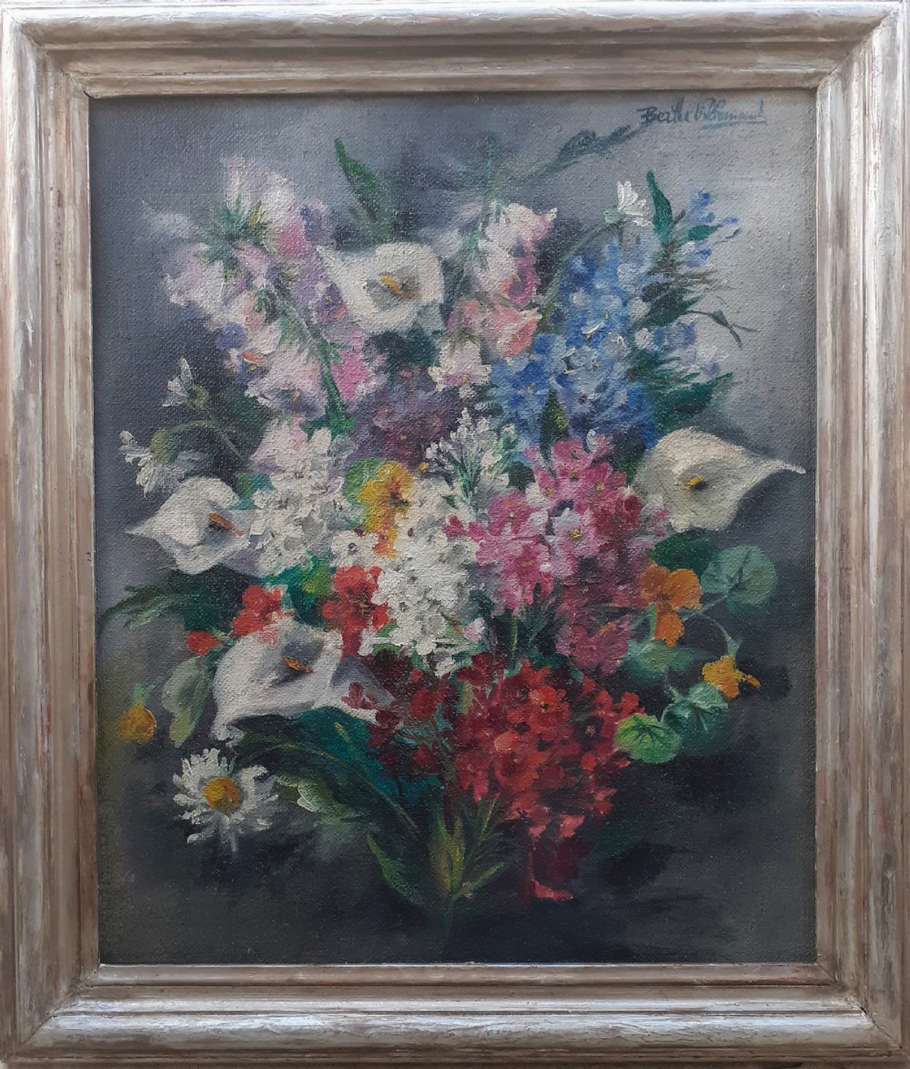 Post-war bouquet: large exuberant colourful floral still life, antique French oil on canvas View VII