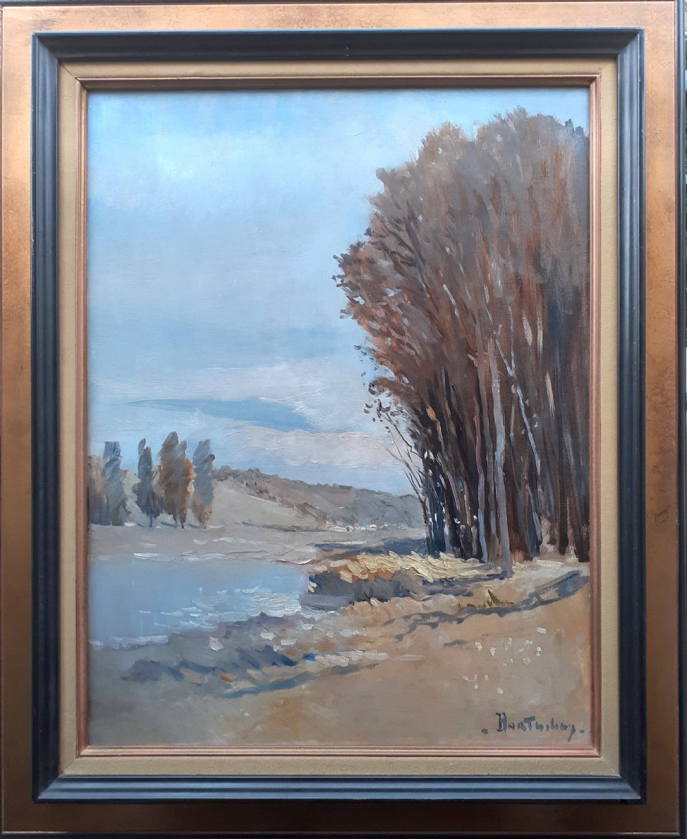 Light flooded river landscape, vast sky French antique oil on canvas View II