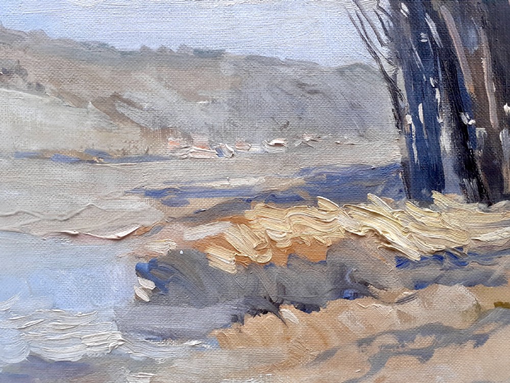 Light flooded river landscape, vast sky French antique oil on canvas View IV