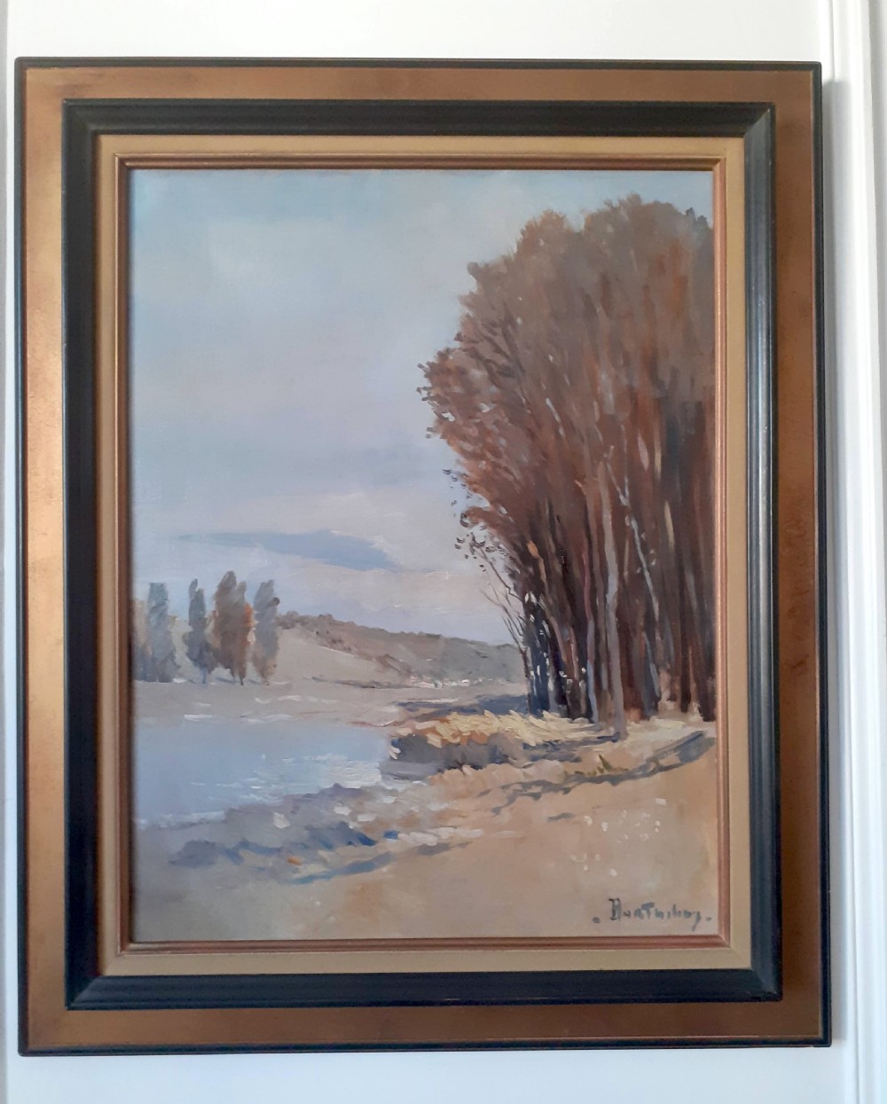 Light flooded river landscape, vast sky French antique oil on canvas View VIII