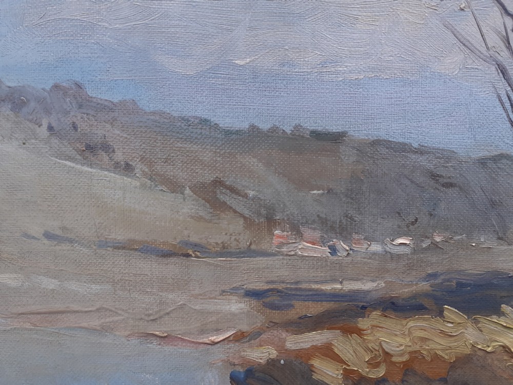 Light flooded river landscape, vast sky French antique oil on canvas View IX