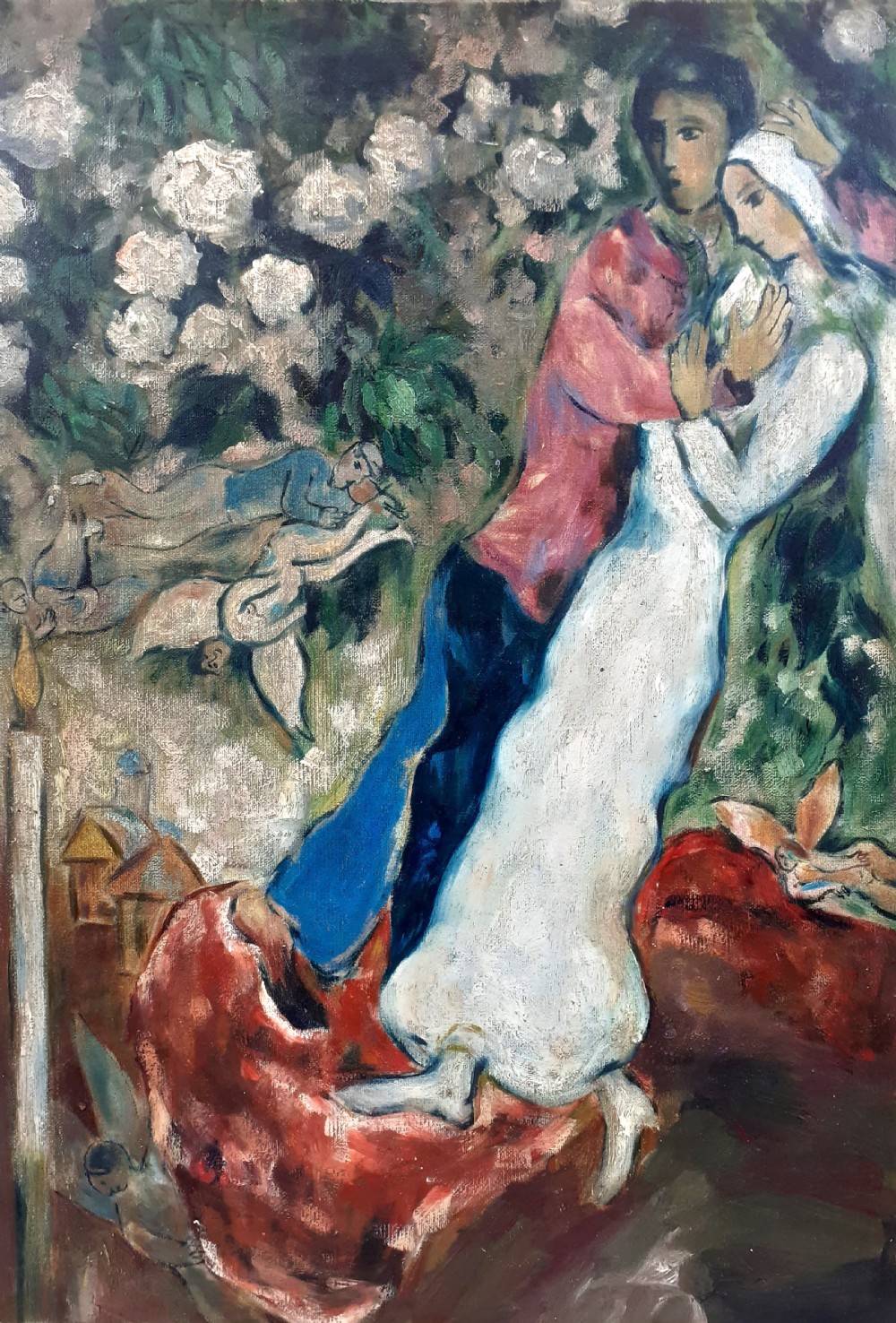 The lovers, wedding day: Polish French Jewish antique magical oil on canvas