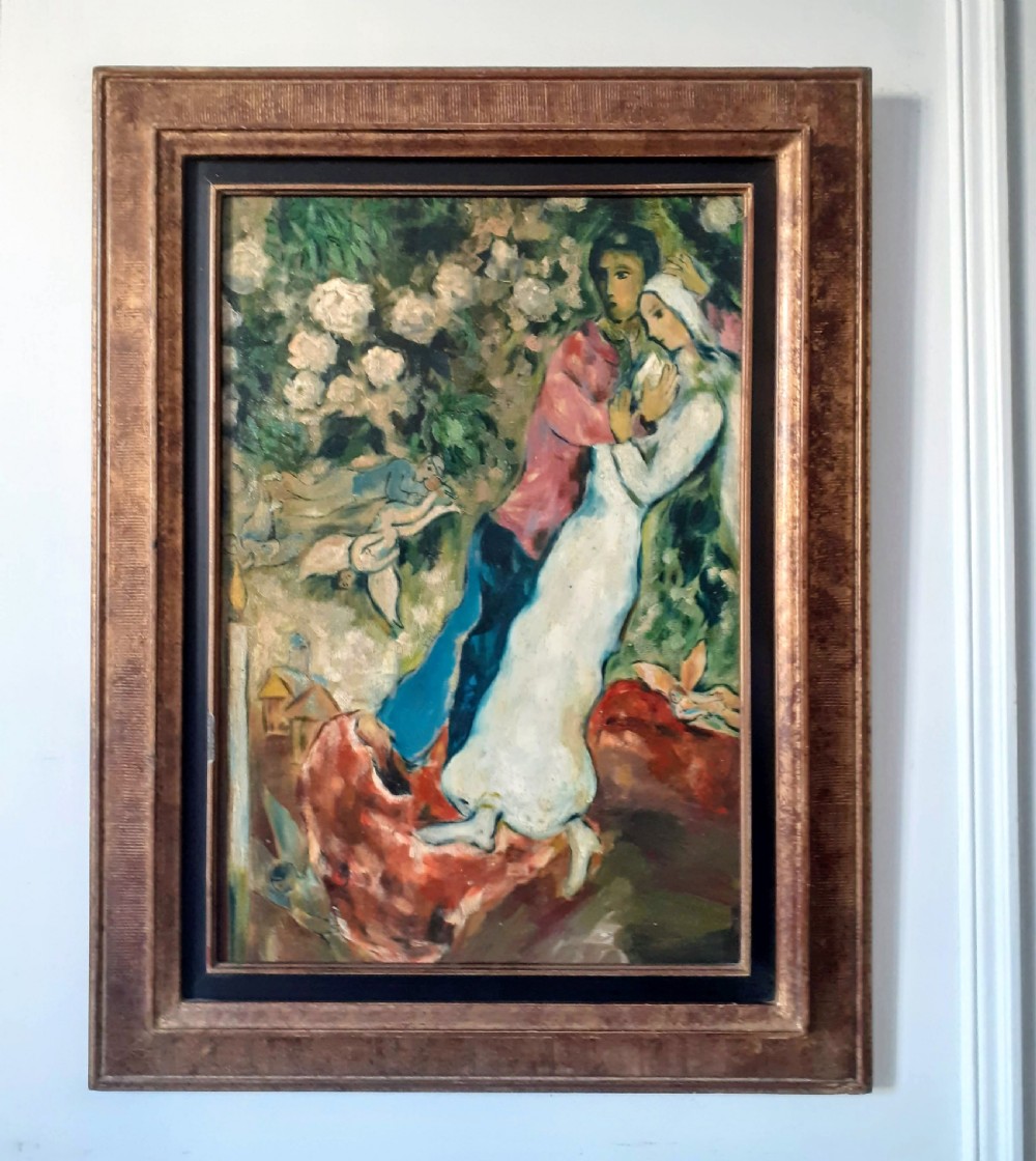 The lovers, wedding day: Polish French Jewish antique magical oil on canvas View II