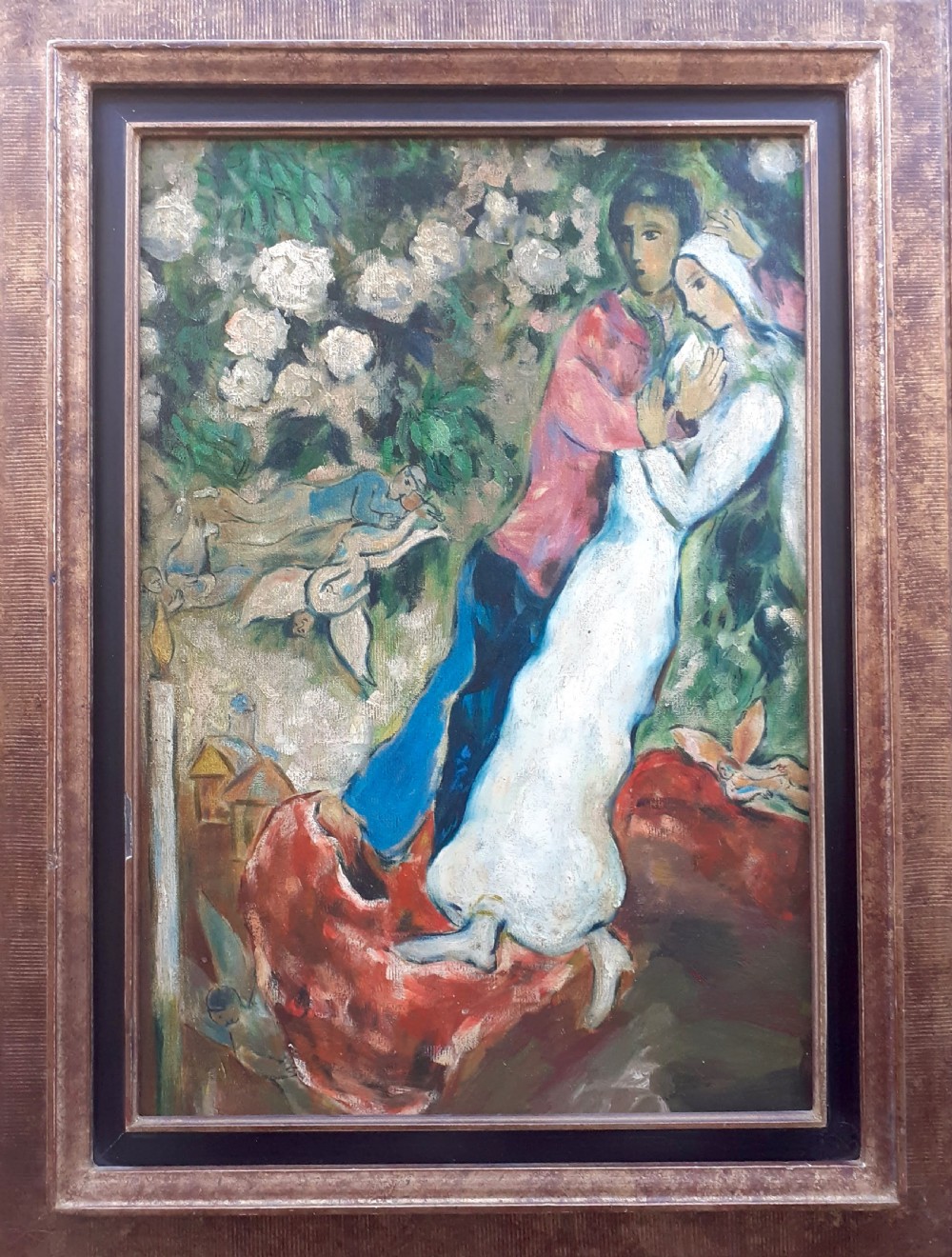 The lovers, wedding day: Polish French Jewish antique magical oil on canvas View III