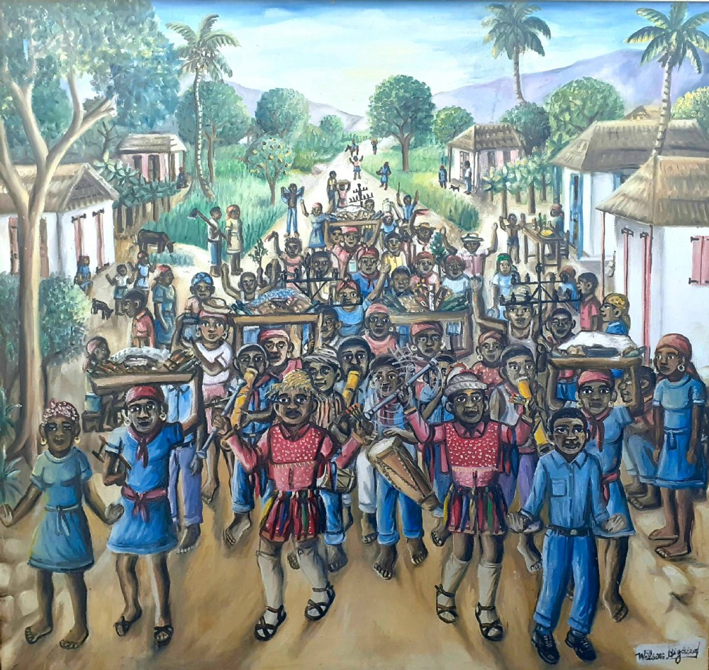 Music! Large important colourful Voodou Easter Celebration by Haitian Master Wilson Bigaud  oil on canvas