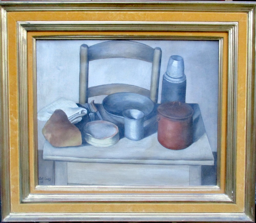 Wartime still life, 1945: humble things, bread and cheese, French masterpiece by a mysterious artist oil on canvas View II