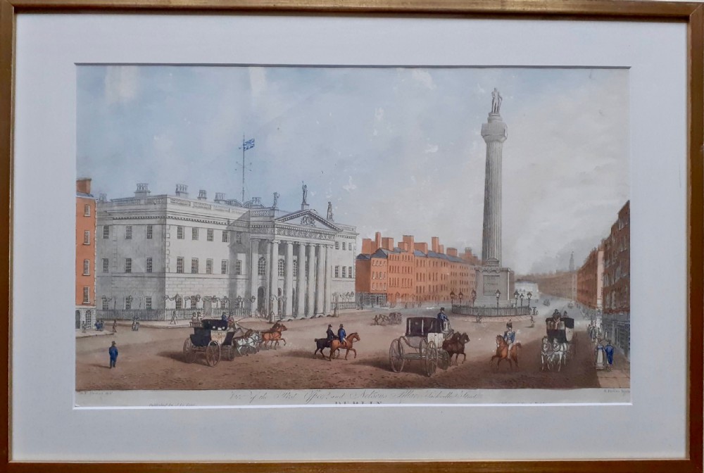 Ireland ca 1820 Dublin General Post Office and Nelson's Pillar, Sackville Street, hand coloured engraving, Henry Brocas the Younger, Irish, c.1798-1873. After Samuel Frederick Brocas, Irish, c.1792-1847. View II