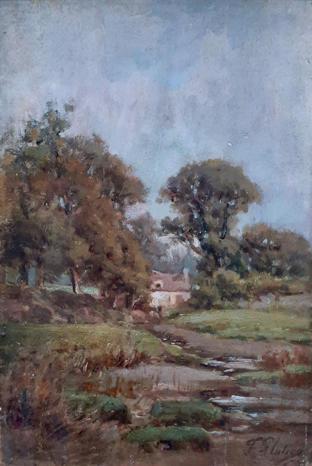 The Cottage by the brook, circa 1900, French Impressionist summer landscape oil on panel