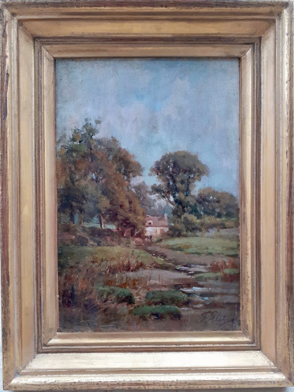 The Cottage by the brook, circa 1900, French Impressionist summer landscape oil on panel View IV