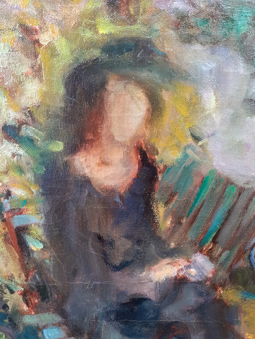 A Post-Impressionist oil painting on canvas depicting a seated figure in dark attire within a dappled green and earthy park background. View III
