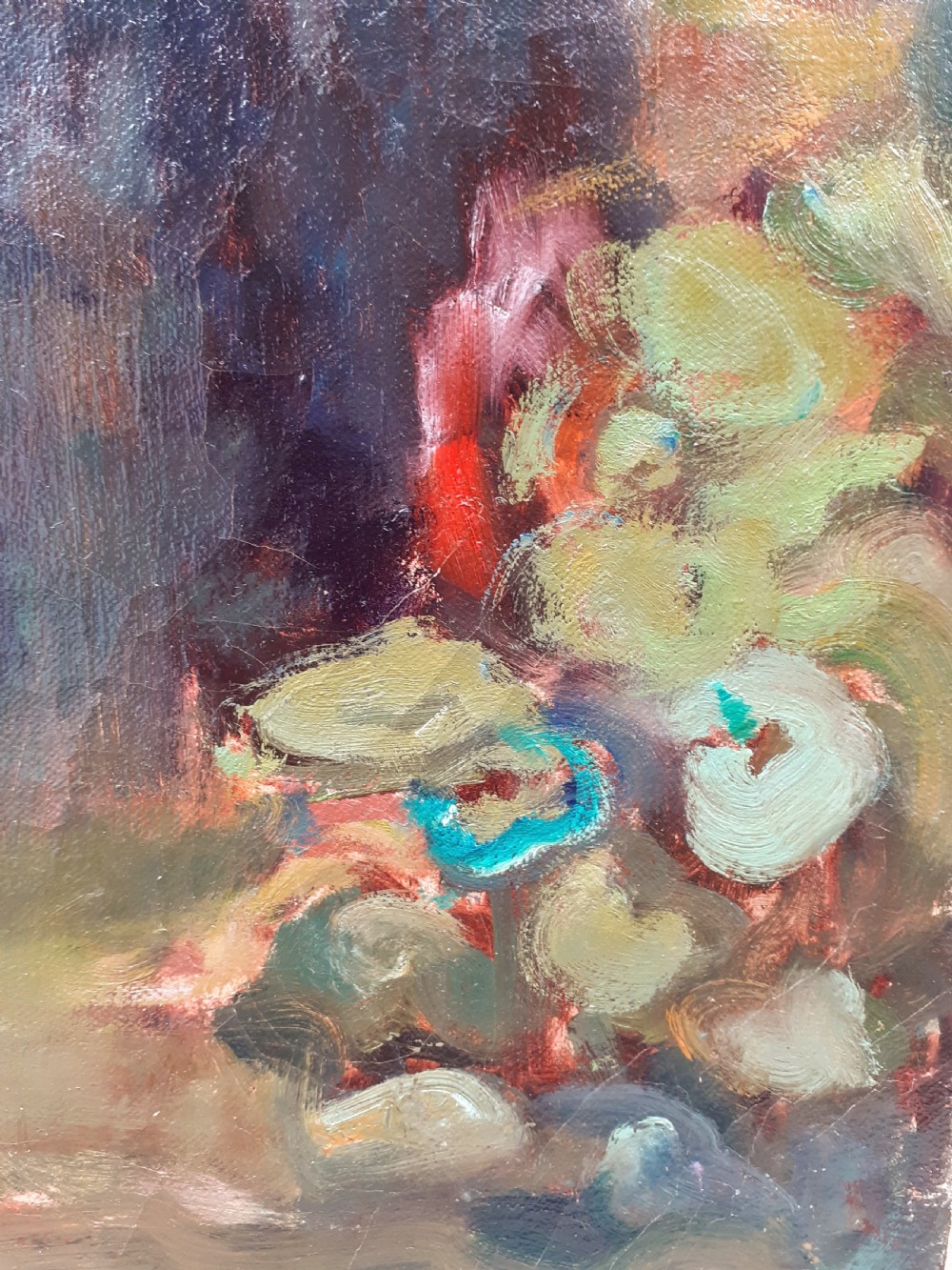 A Post-Impressionist oil painting on canvas depicting a seated figure in dark attire within a dappled green and earthy park background. View IV
