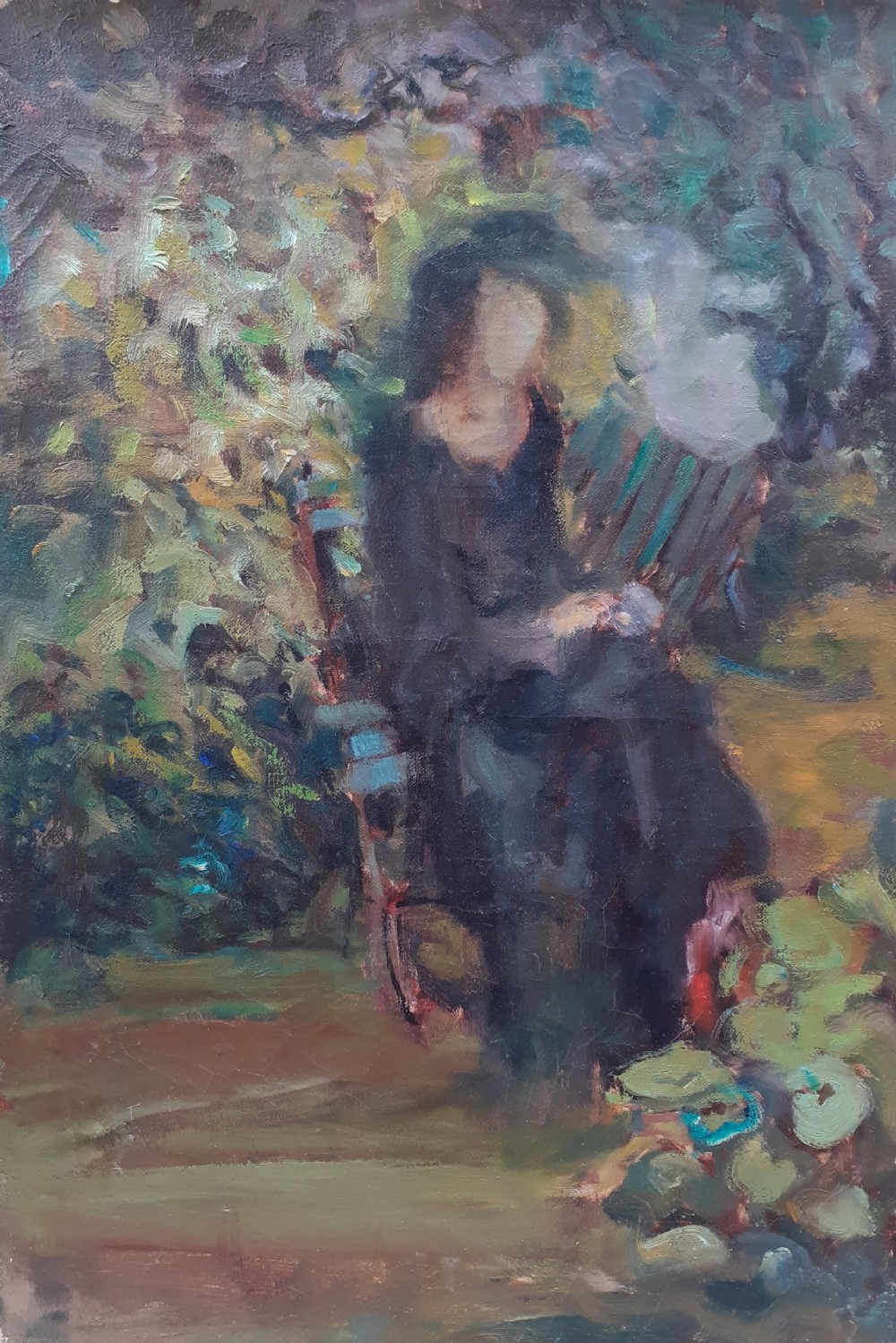 A Post-Impressionist oil painting on canvas depicting a seated figure in dark attire within a dappled green and earthy park background.