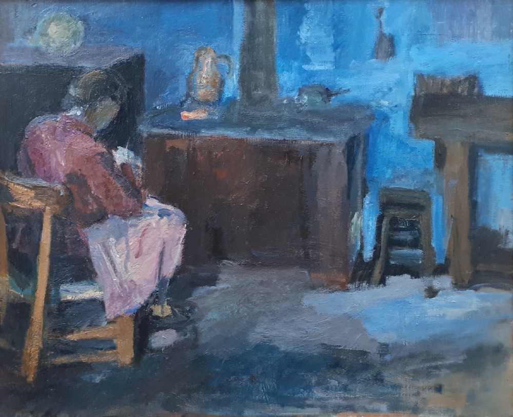 The country kitchen, by the hearth antique French oil on canvas