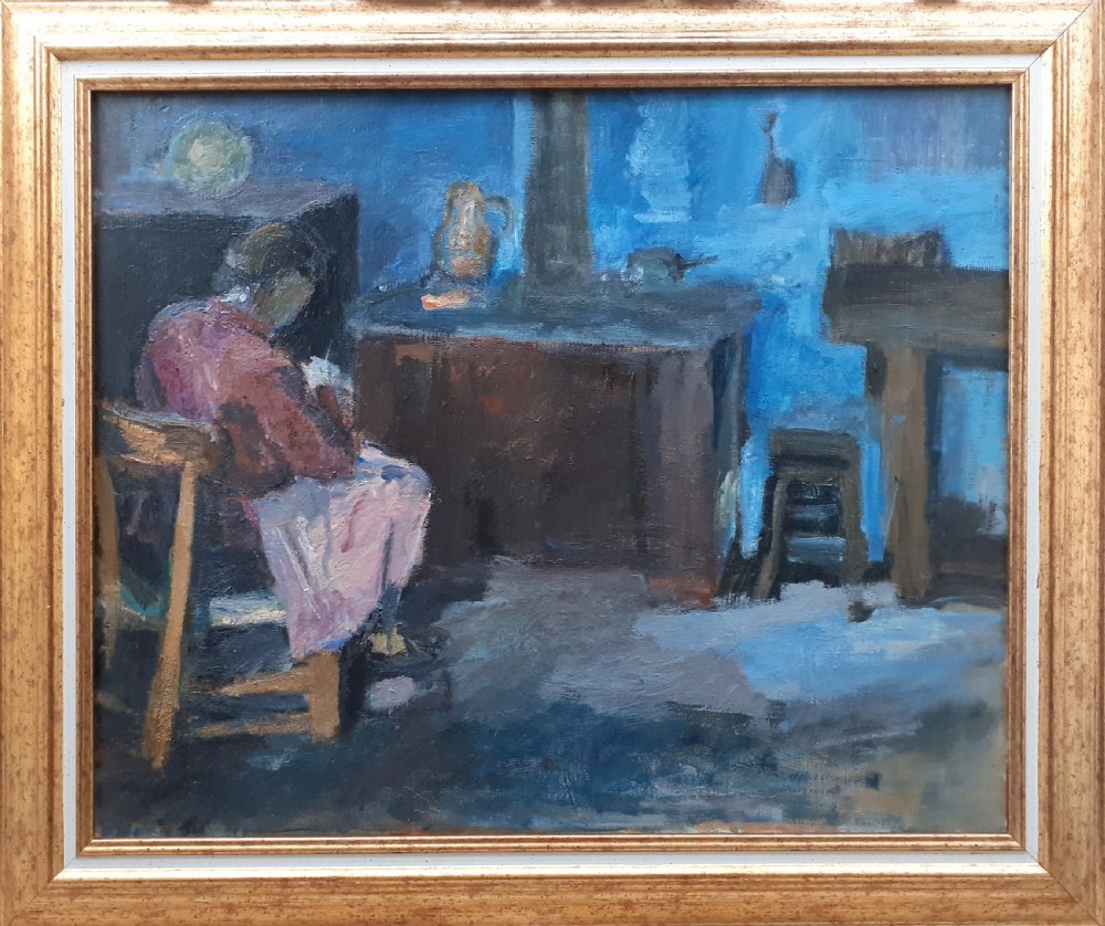 The country kitchen, by the hearth antique French oil on canvas View III