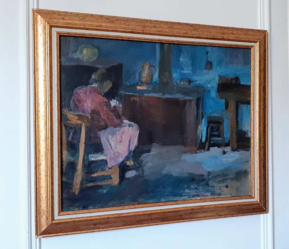The country kitchen, by the hearth antique French oil on canvas View IV