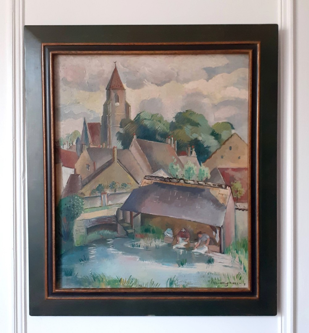 Cubist art deco period colourful townscape, the wash house at Saint Seine ca 1930 French woman artist oil on canvas View II