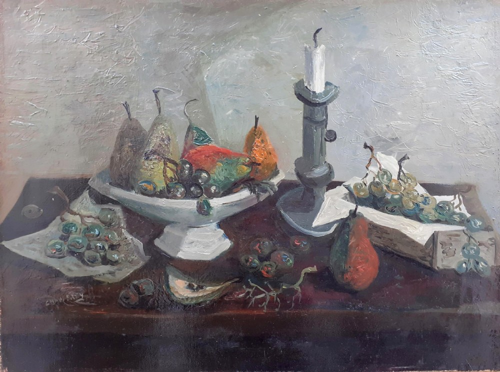 A mid-century French modernist oil painting on canvas depicting a ceramic bowl with pears, bunches of grapes, and a candlestick on a table against a textured grey background.