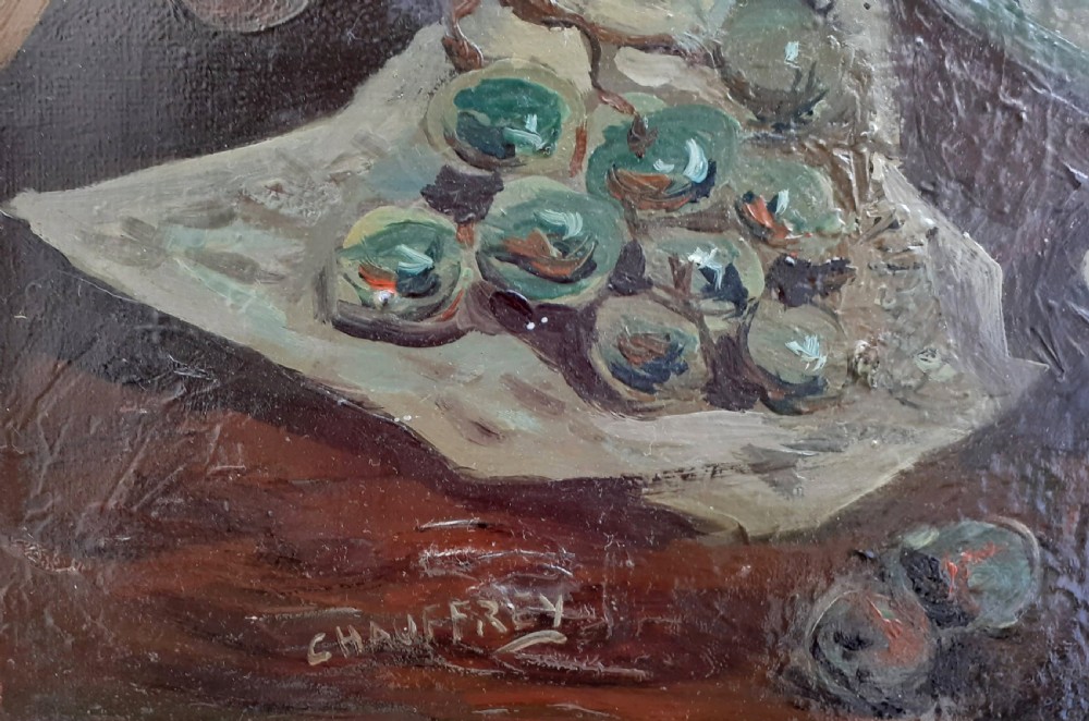 A mid-century French modernist oil painting on canvas depicting a ceramic bowl with pears, bunches of grapes, and a candlestick on a table against a textured grey background. View V