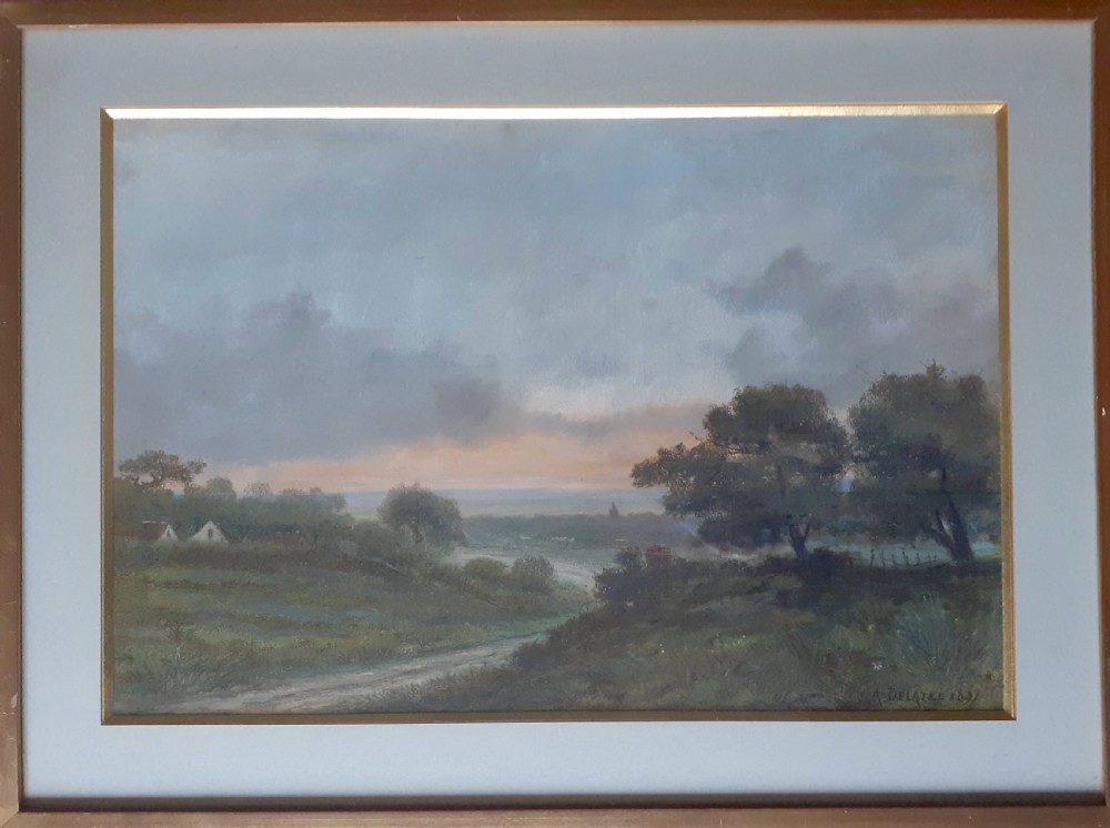 A 19th-century pastel landscape drawing depicting a dirt path through grassy fields beneath an evening sky with a pink sunset glow. View II