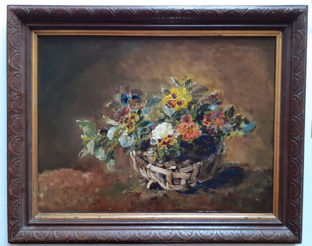 The basket of pansies: French 19th Century Floral Still Life oil on canvas View IV