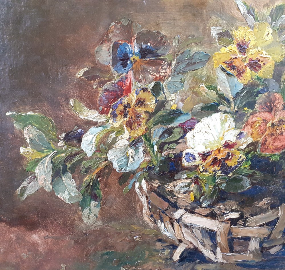 The basket of pansies: French 19th Century Floral Still Life oil on canvas View VII