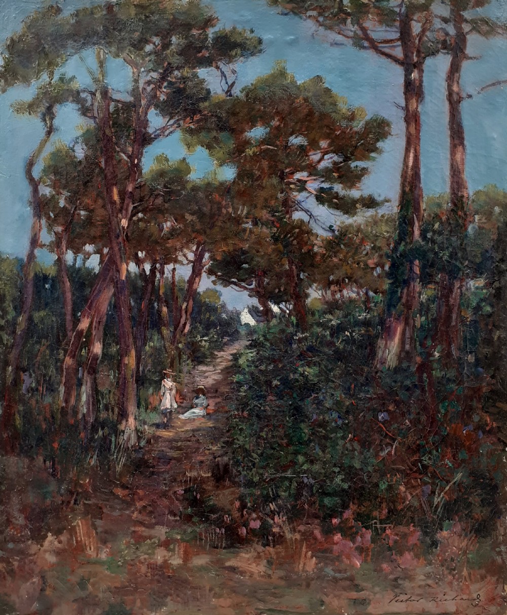 Two girls on the path to the sea  circa 1900 belle epoque French antique oil on canvas