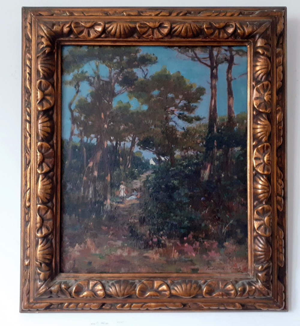 Two girls on the path to the sea  circa 1900 belle epoque French antique oil on canvas View II